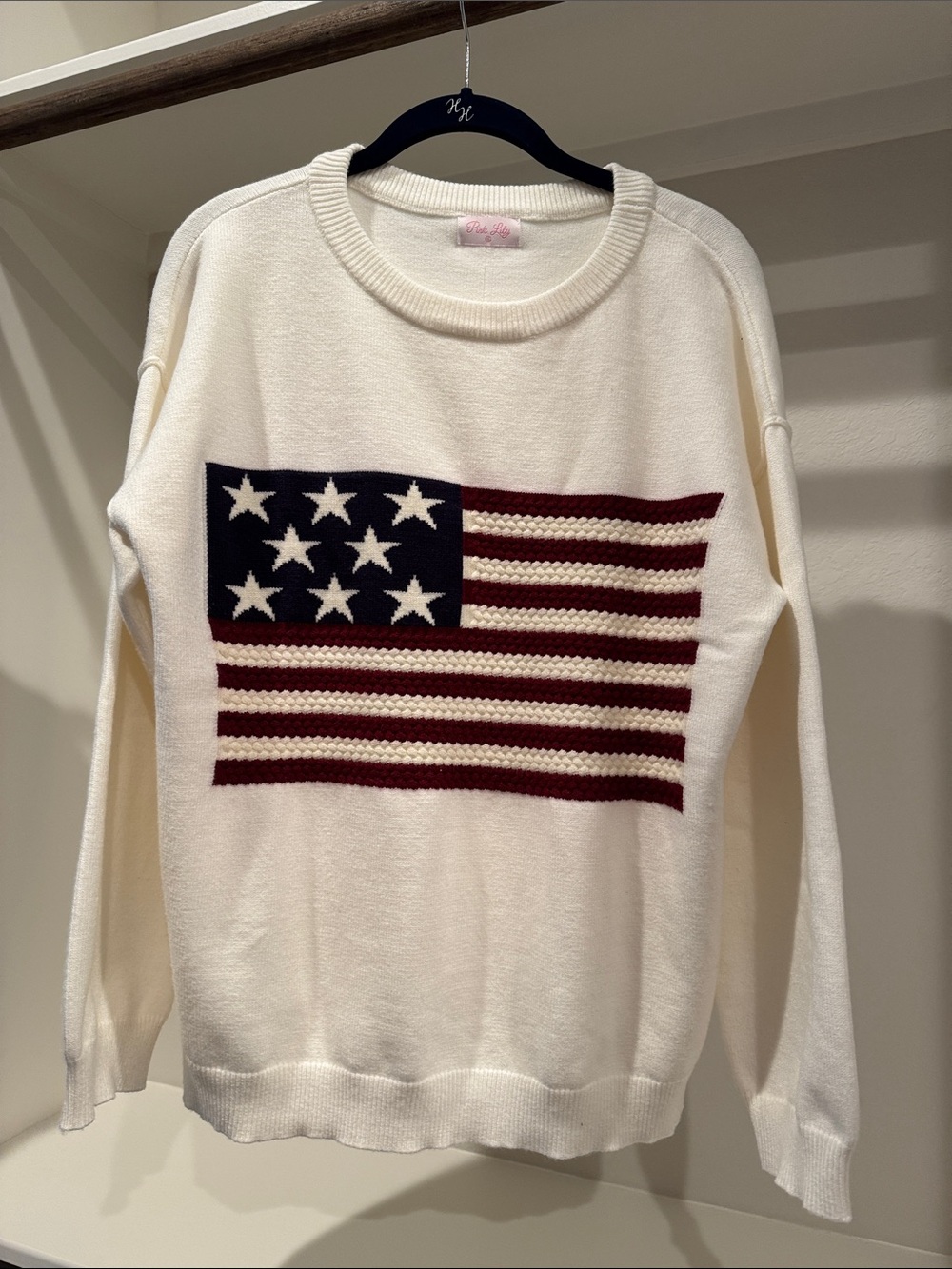 Pink Lily Cream Crewneck Sweater with Navy and Burgundy Flag Motif